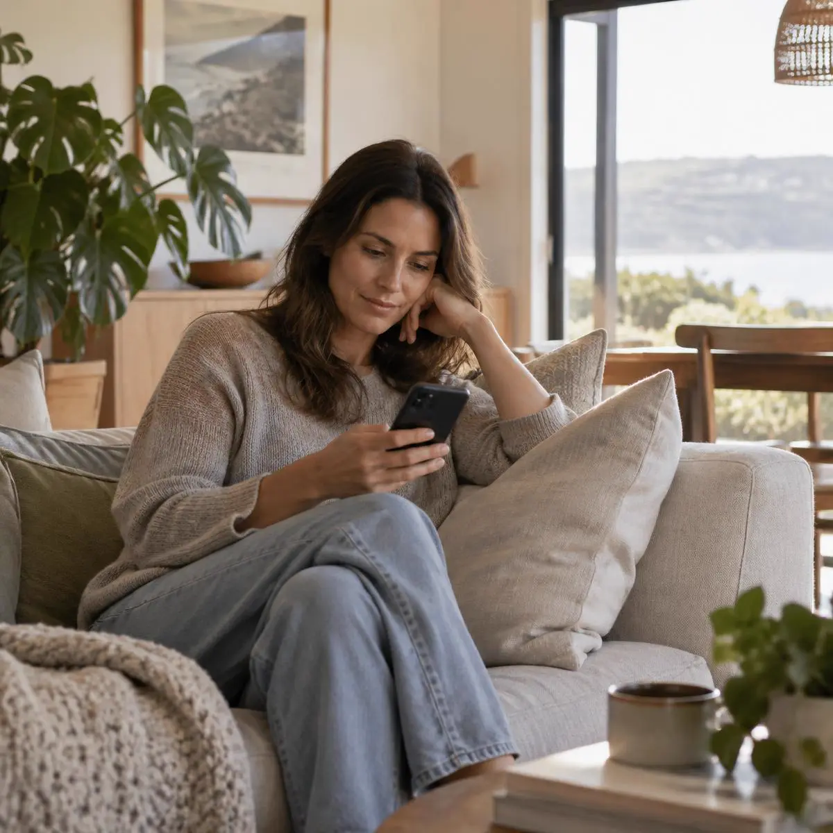 A landlord reviewing proposals on her phone on the couch at home
