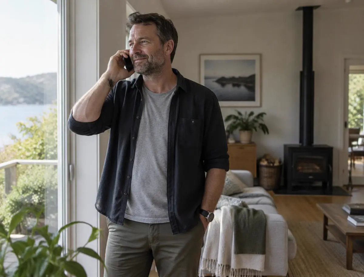 A property owner on a phone call at home, looking out over the water